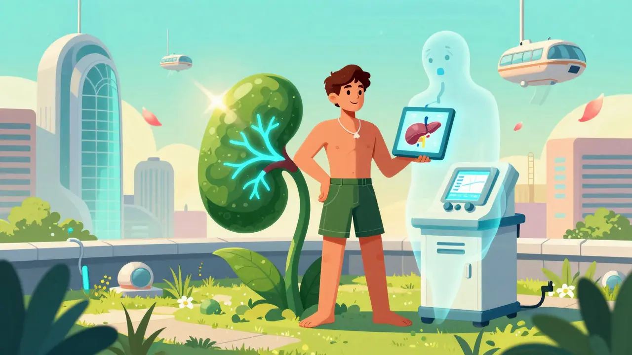 A transplant recipient standing on a rooftop garden with a glowing kidney plant, as a dialysis machine fades into petals.