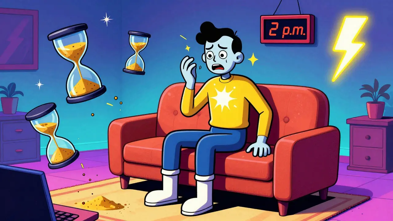 An anxious figure surrounded by floating hourglasses and seizure warnings in vaporwave colors.