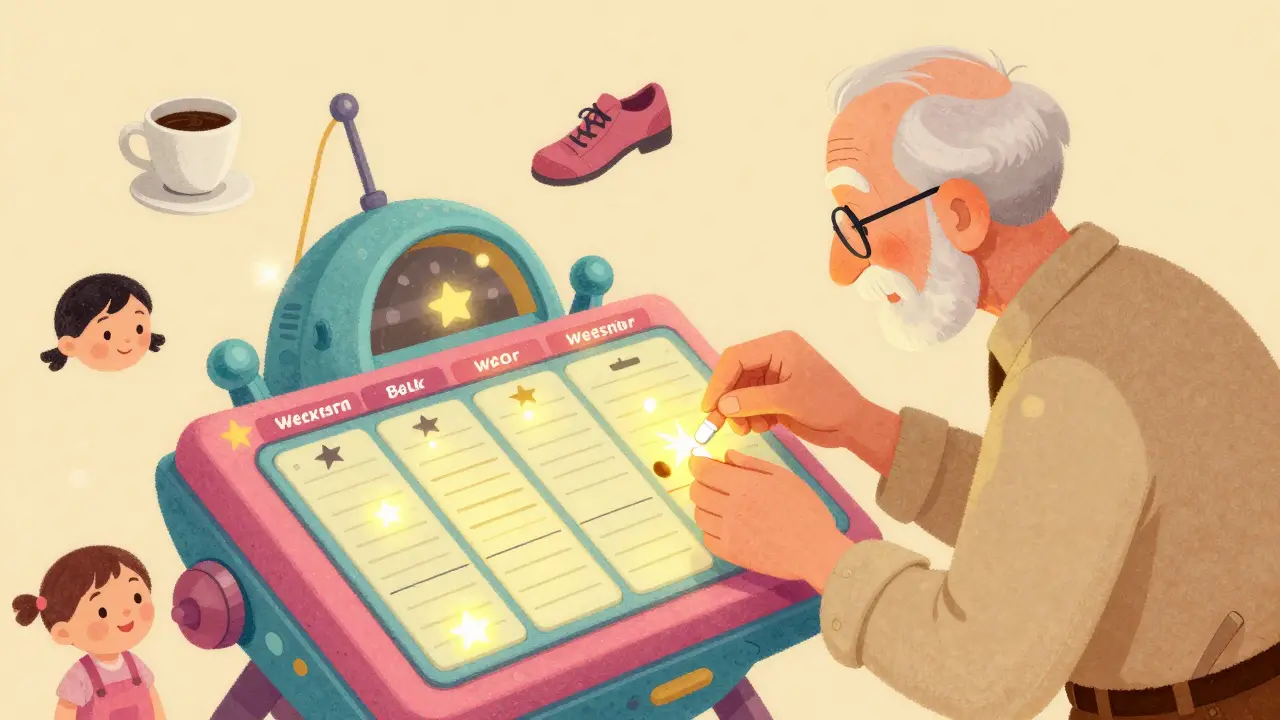 An elderly man filling a spaceship-shaped pill organizer with glowing compartments and happy icons around him.