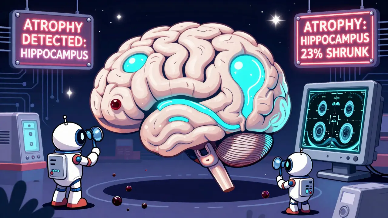 Anthropomorphic brain with robots inspecting lesions and signs of atrophy in a sci-fi setting.