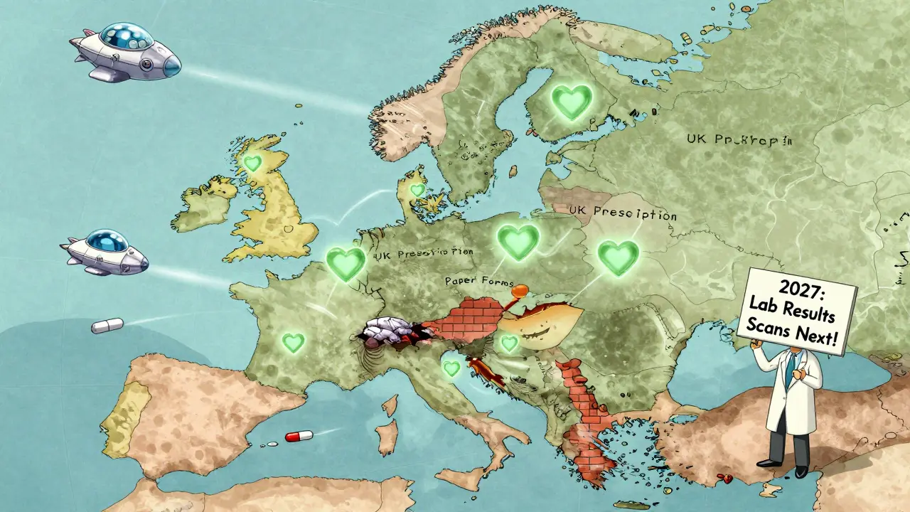 Europe map shows medicine traveling between countries via glowing paths, blocked by outdated systems.