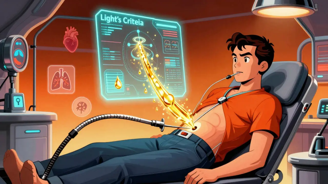 Futuristic thoracentesis procedure with holographic medical data and golden fluid draining from the chest.