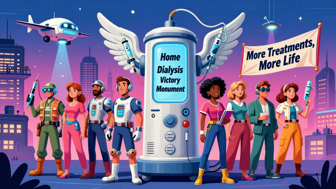 Group of patients celebrating at a winged dialysis monument in a futuristic cityscape.