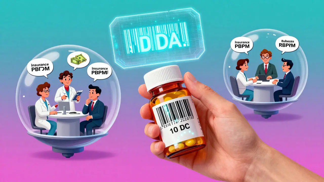 Hand holding pill bottle with glowing NDC code, hologram showing same manufacturer as brand, surrounded by animated insurance icons.