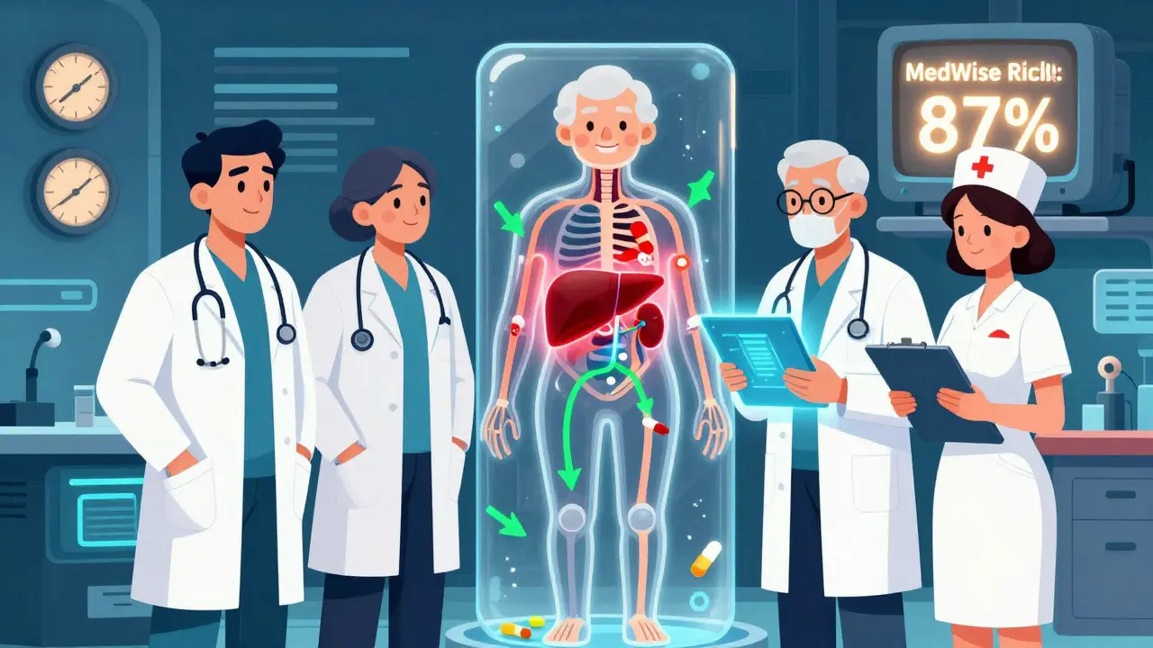 Healthcare team using a holographic body model to remove unnecessary medications with green arrows.