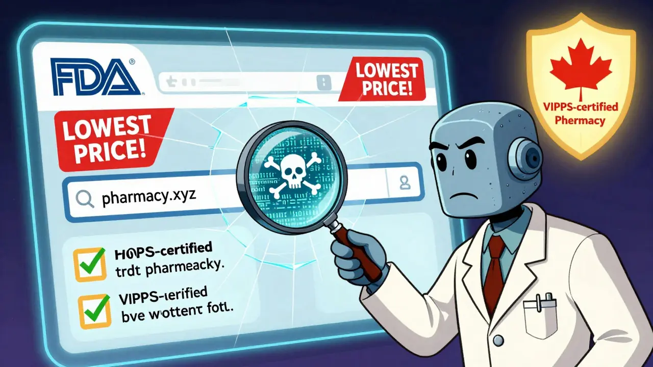 Holographic scam pharmacy with fake seals vs. verified pharmacy shielded by checkmarks