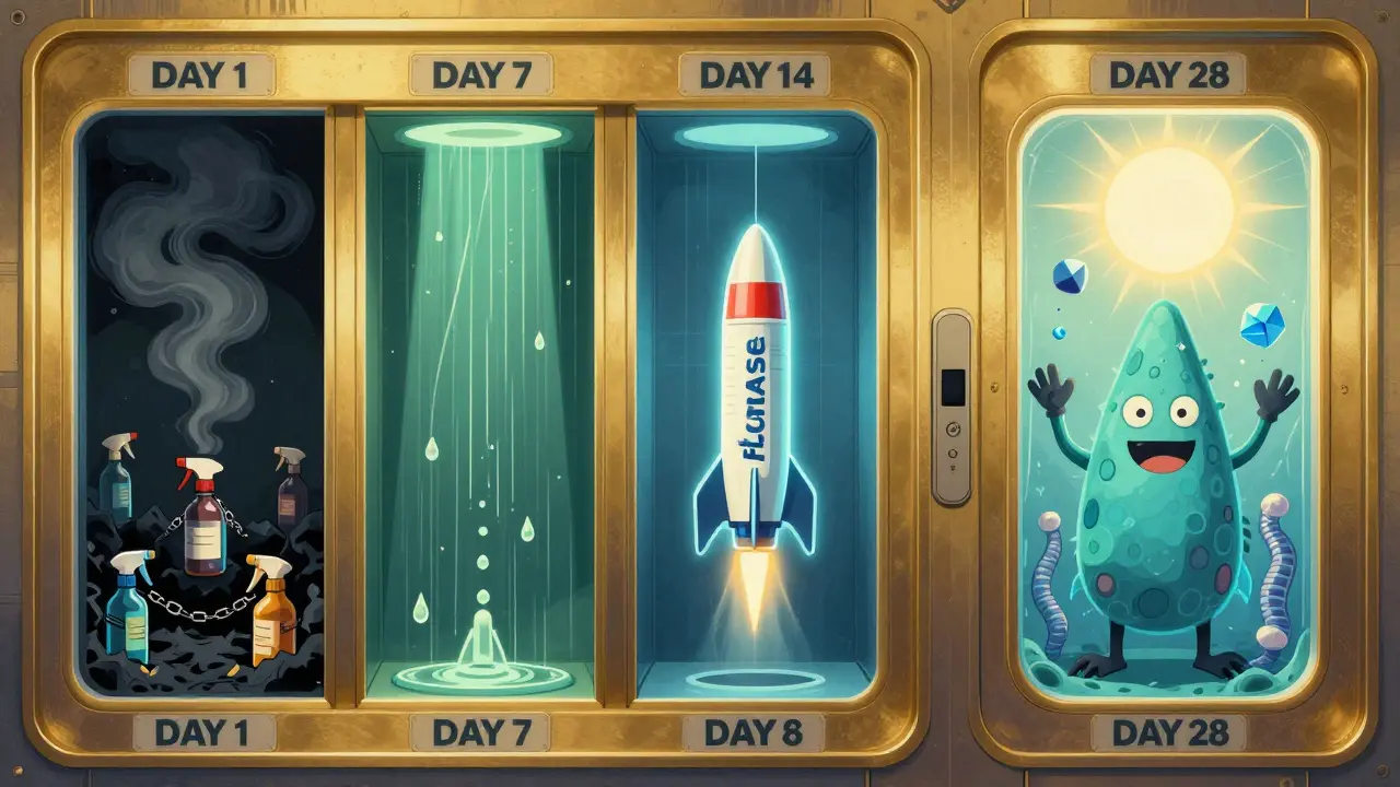 Nasal recovery as a sci-fi elevator, descending into congestion and ascending to clear breathing with glowing symbols.