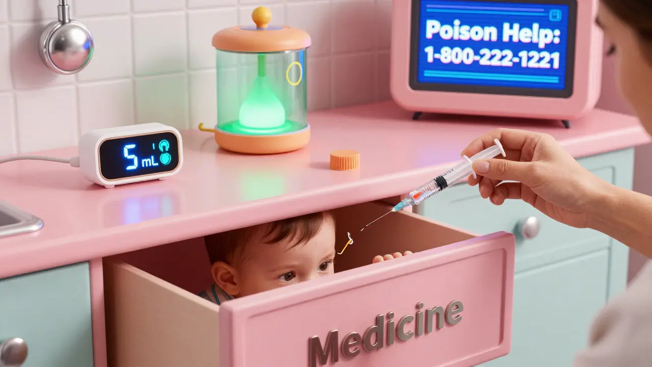 Parent measures medicine with a syringe under a digital display, while a smart container alerts for safety.