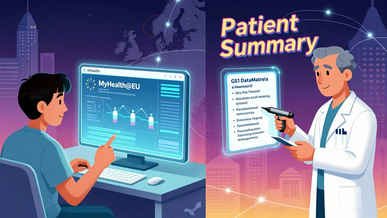 Patient authorizes health data transfer while pharmacist scans a holographic prescription code.