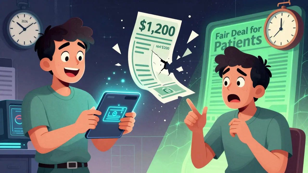 Patient shocked by exploding bill as expired coupon crumbles, with a 2026 reform bill glowing nearby.