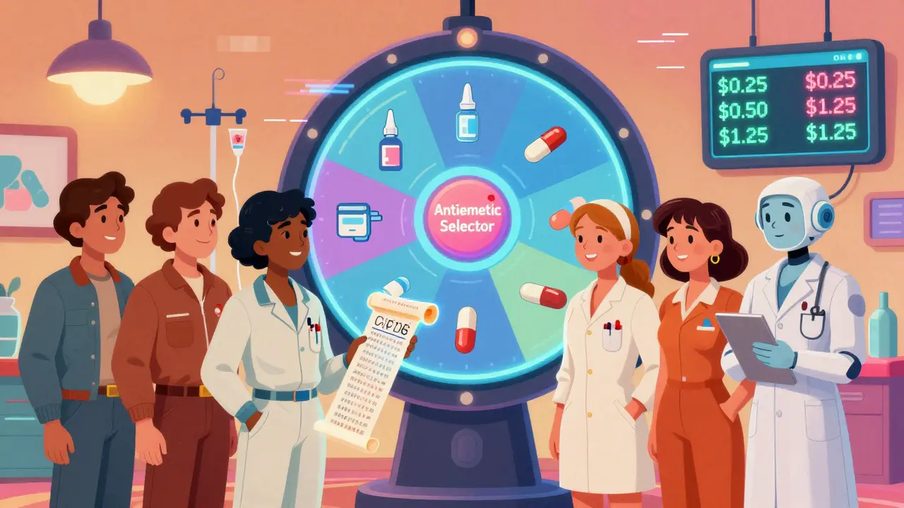 Patients before a spinning antiemetic selector wheel, holding genetic codes, with robotic nurse showing cost comparisons in pixel-art numbers.