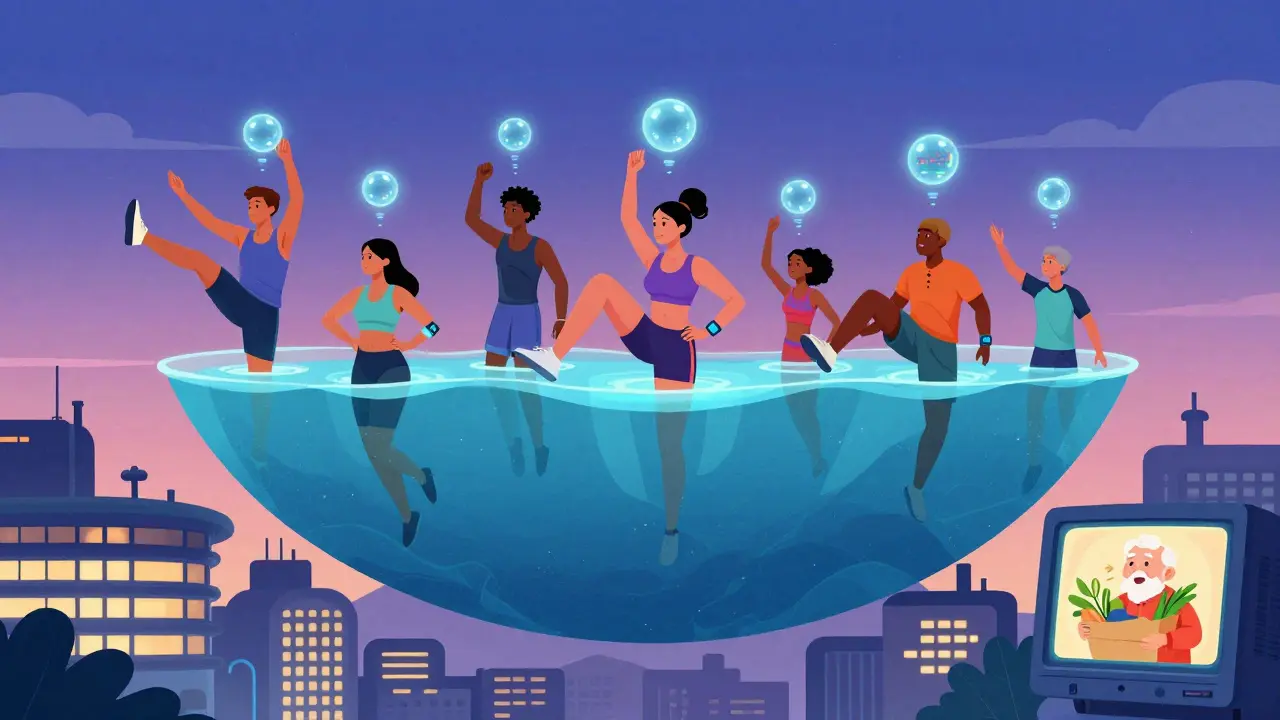 People exercising in a sky-bound water gym with glowing orbs guiding movements and wearable health displays.