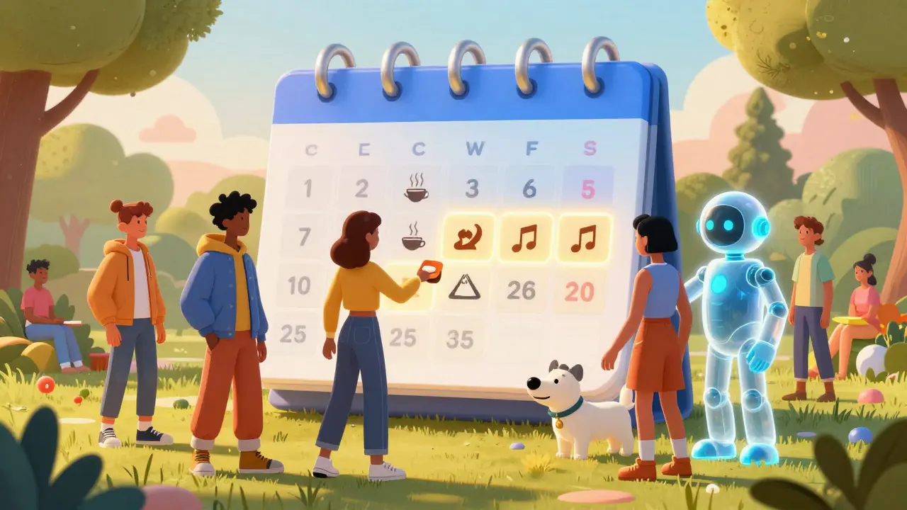 People under a glowing calendar with personal reward icons, guided by a robot dog in a retro-futuristic park.
