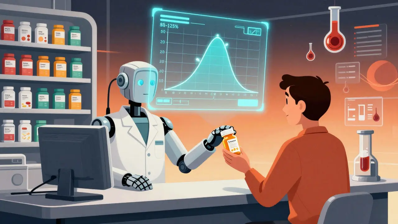 Retro-futuristic pharmacy with robotic pharmacist and holographic bioequivalence curve above.