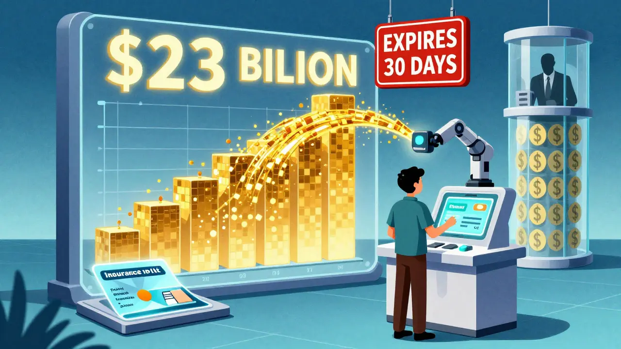 Robotic arm scans two holographic cards while a river of golden savings pixels flows behind a pharmacy kiosk.