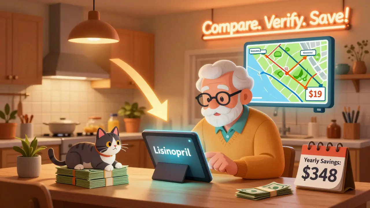 Senior setting price alert for medication as savings animate on a retro-futuristic tablet