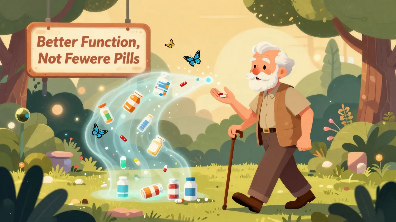 Senior walking in a garden, holding one pill, as ghostly pills dissolve into butterflies behind them.