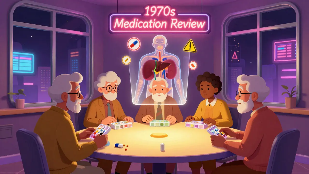 Seniors at a table with pill organizers and a holographic diagram of aging body systems.