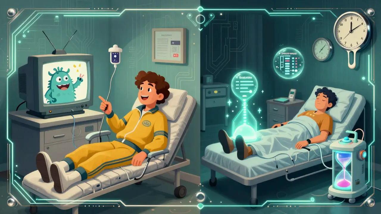 Split scene: daytime and nighttime home dialysis with floating data orbs and sleeping patients.