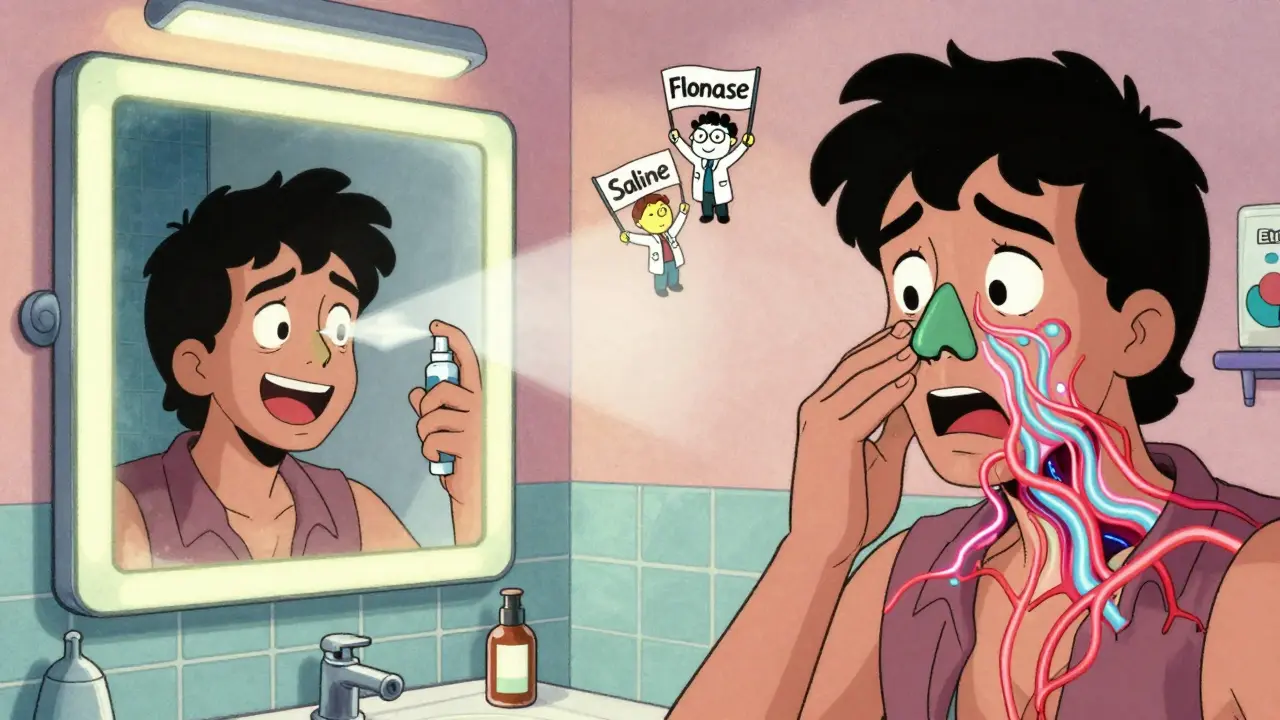 Split scene: one side joyful nasal spray use, the other side chaotic blood-vessel maze with medical lifelines.