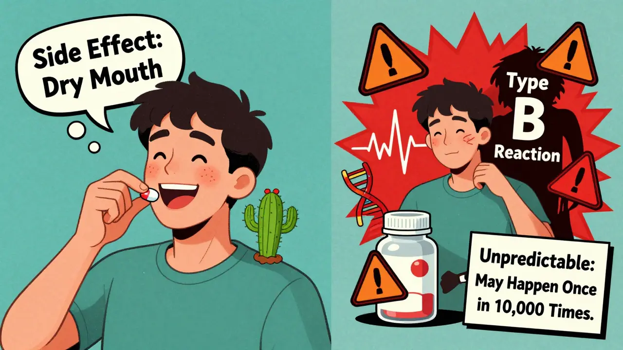 Split scene: one side shows a harmless dry mouth side effect, the other a dangerous unpredictable reaction with warning symbols.