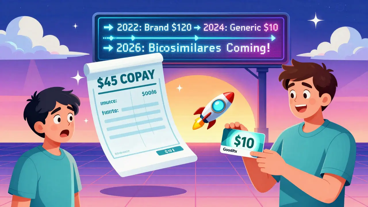 Split scene: patient shocked by high copay vs. smiling with low cash price from GoodRx, in retro-futuristic digital pharmacy setting.