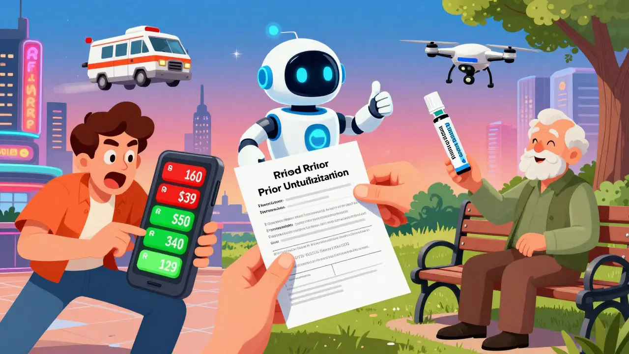 Three scenes show price savings, prior authorization, and drone-delivered insulin in a retro-futuristic cityscape.