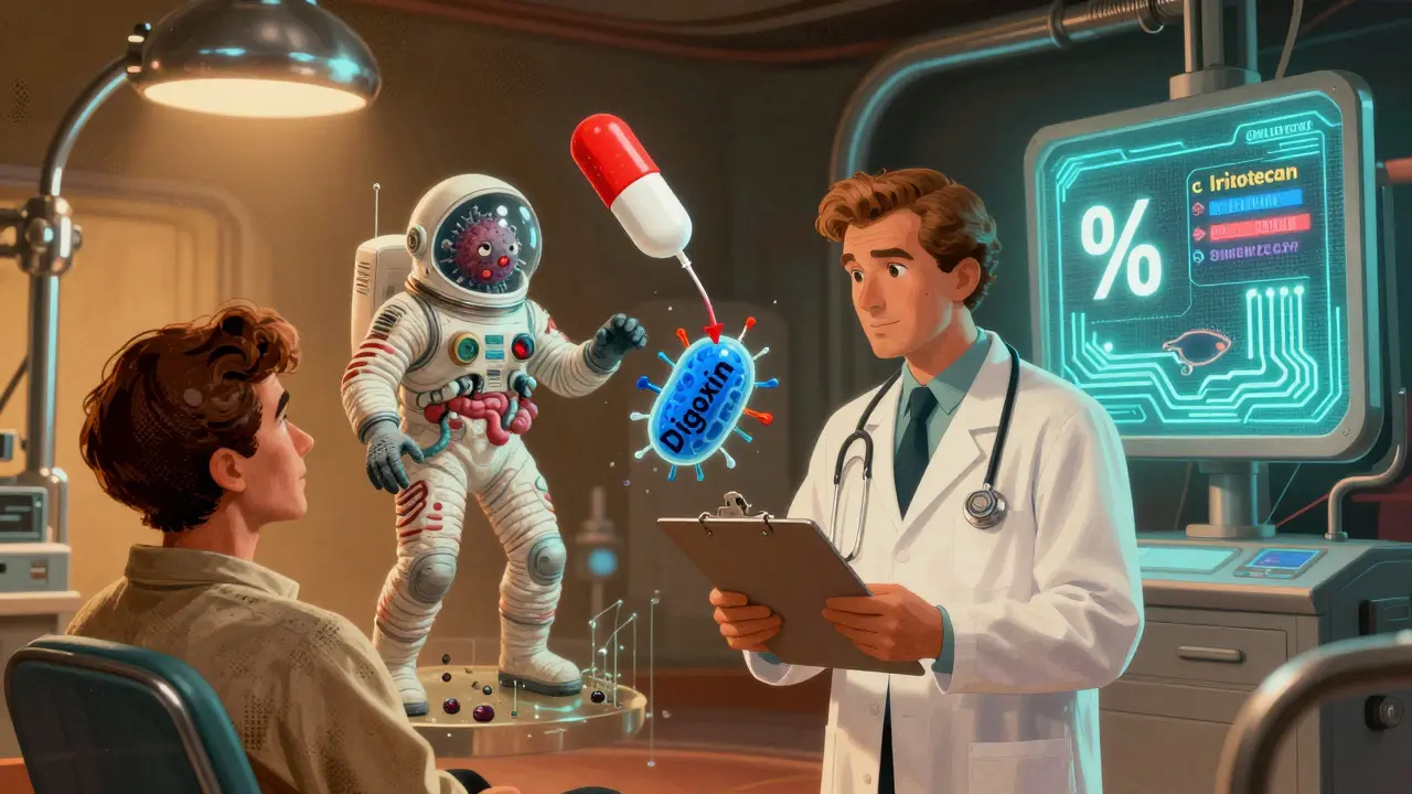 A doctor and patient surrounded by space-suited microbes transforming medications in a vintage lab.