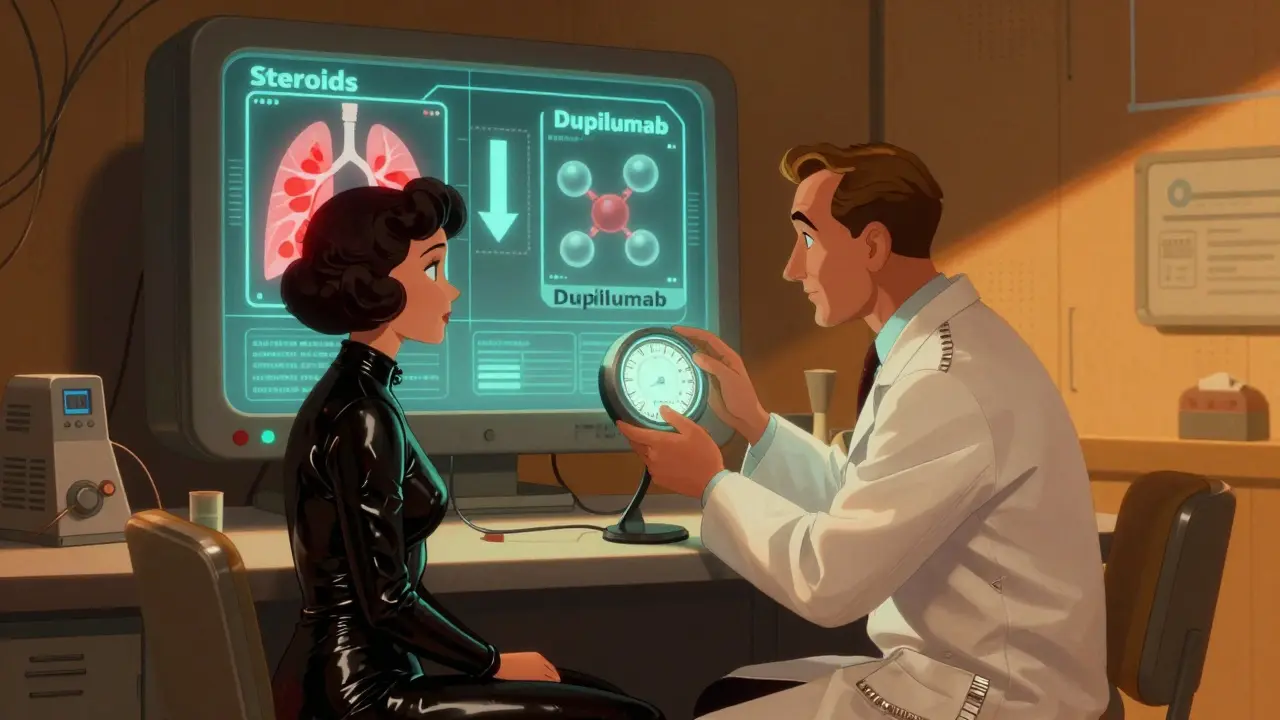 A doctor examines a glowing FeNO readout while a patient sits nearby in a retro-futuristic medical setting.