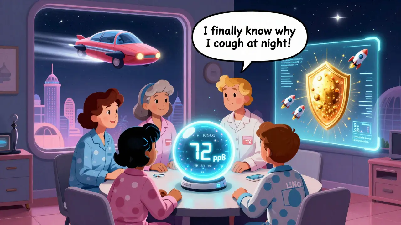 A family watches a home FeNO device display a high reading of 72 ppb with holographic inflammation visuals.