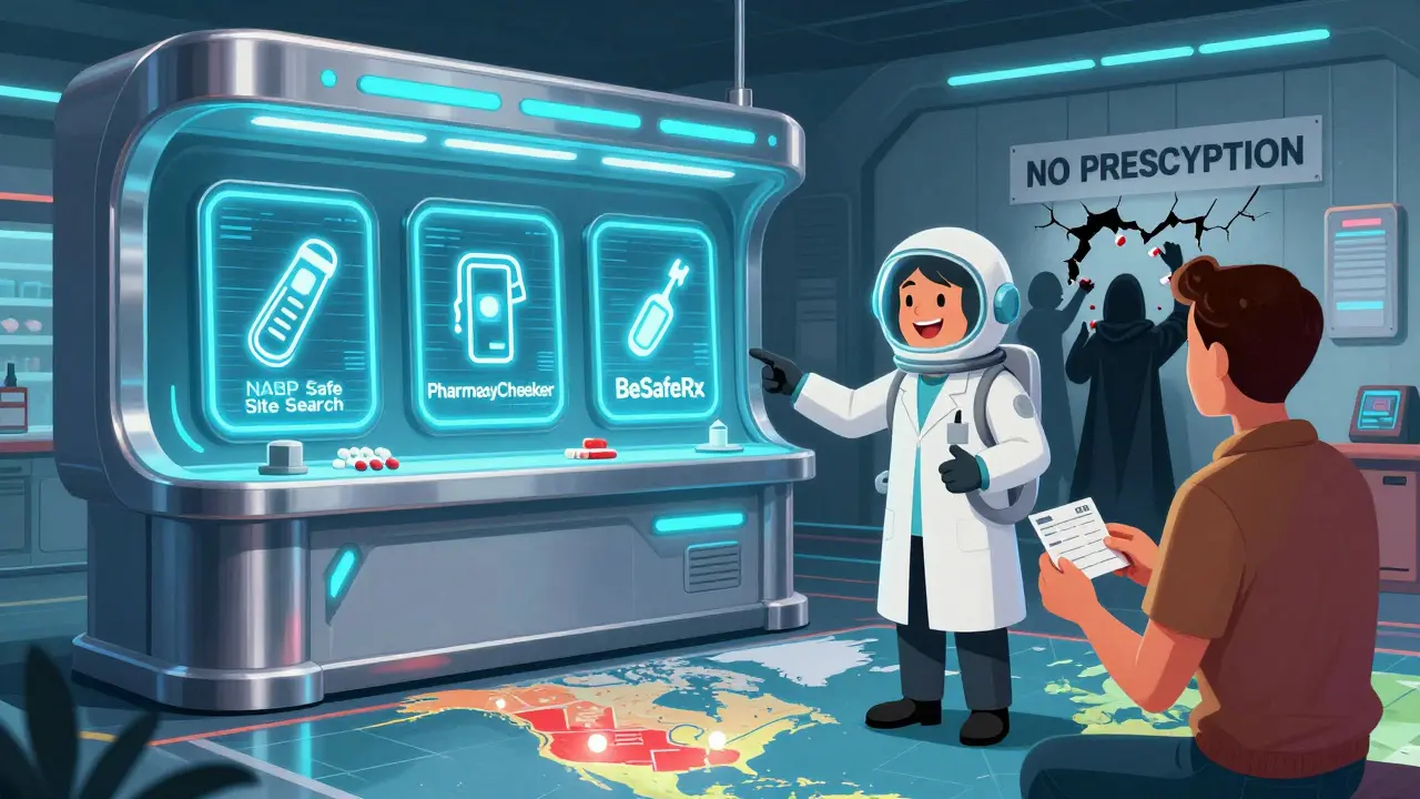 A futuristic pharmacy kiosk displays three verification tools while a pharmacist guides a patient past counterfeit pill smugglers.