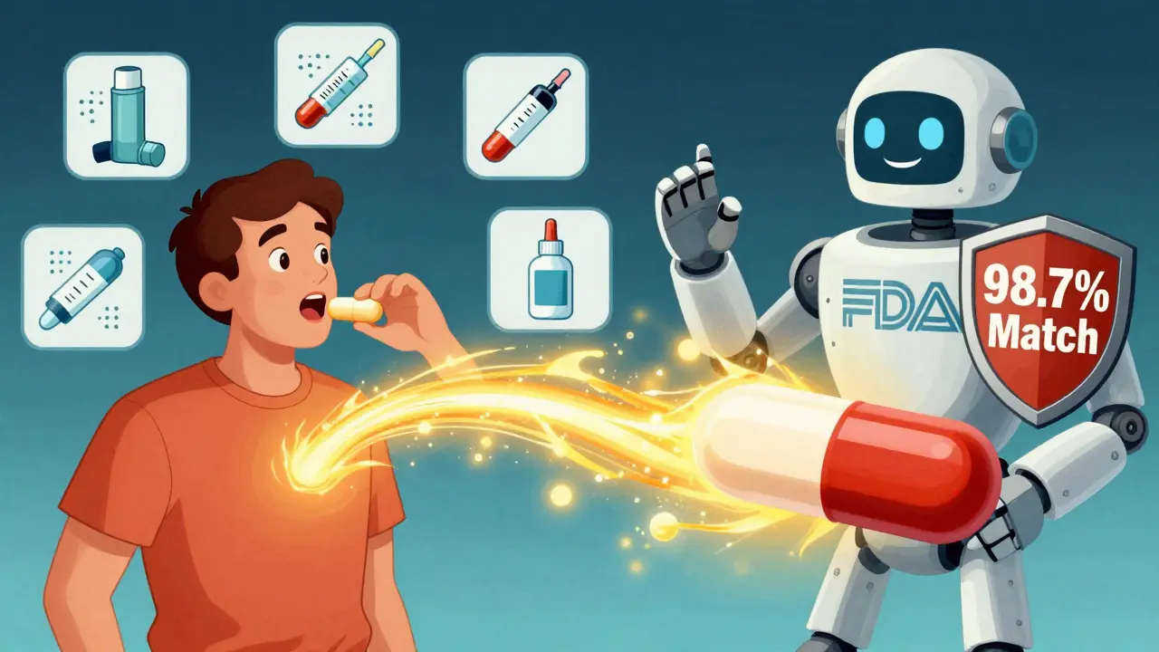 A patient absorbs identical energy waves from brand and generic drugs, with medical devices showing precise delivery metrics.