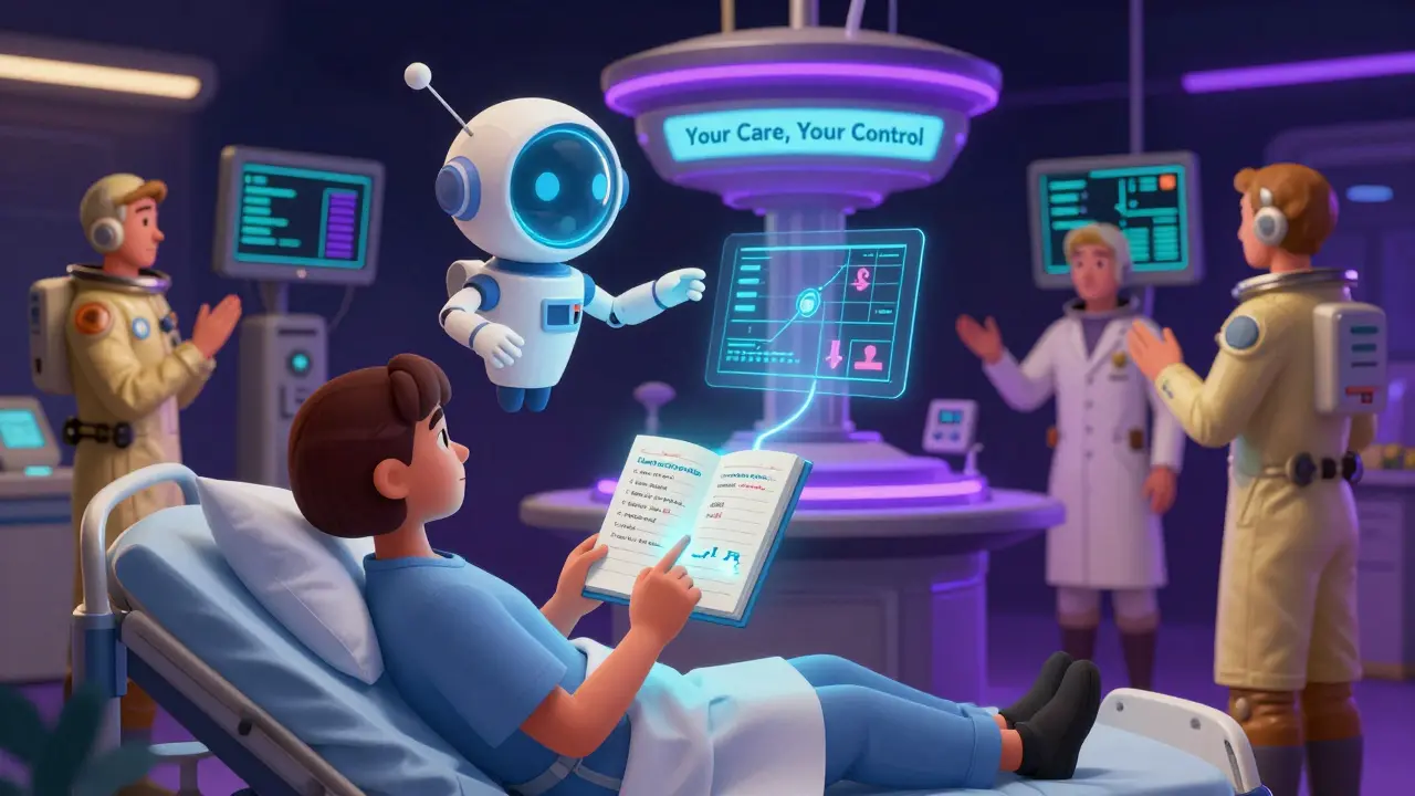 A patient logs symptoms in a glowing journal as a hovering AI assistant translates their notes into a clear medical chart.