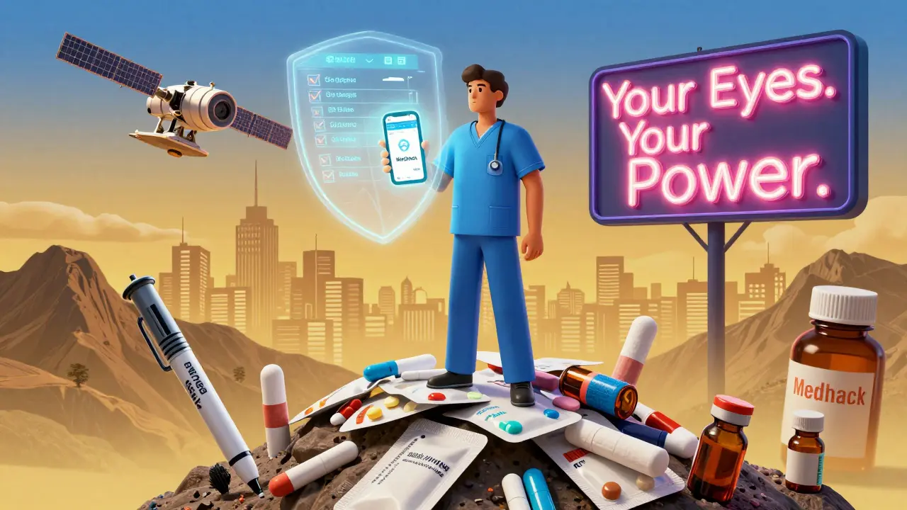 A patient stands atop fake medicine piles, projecting a protective shield with a glowing app, in retro-futuristic cartoon style.