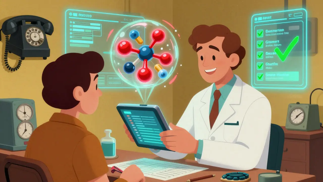 A pharmacist uses a futuristic tablet to detect drug interactions while a 3D model of molecules pulses with warnings and safety checks.
