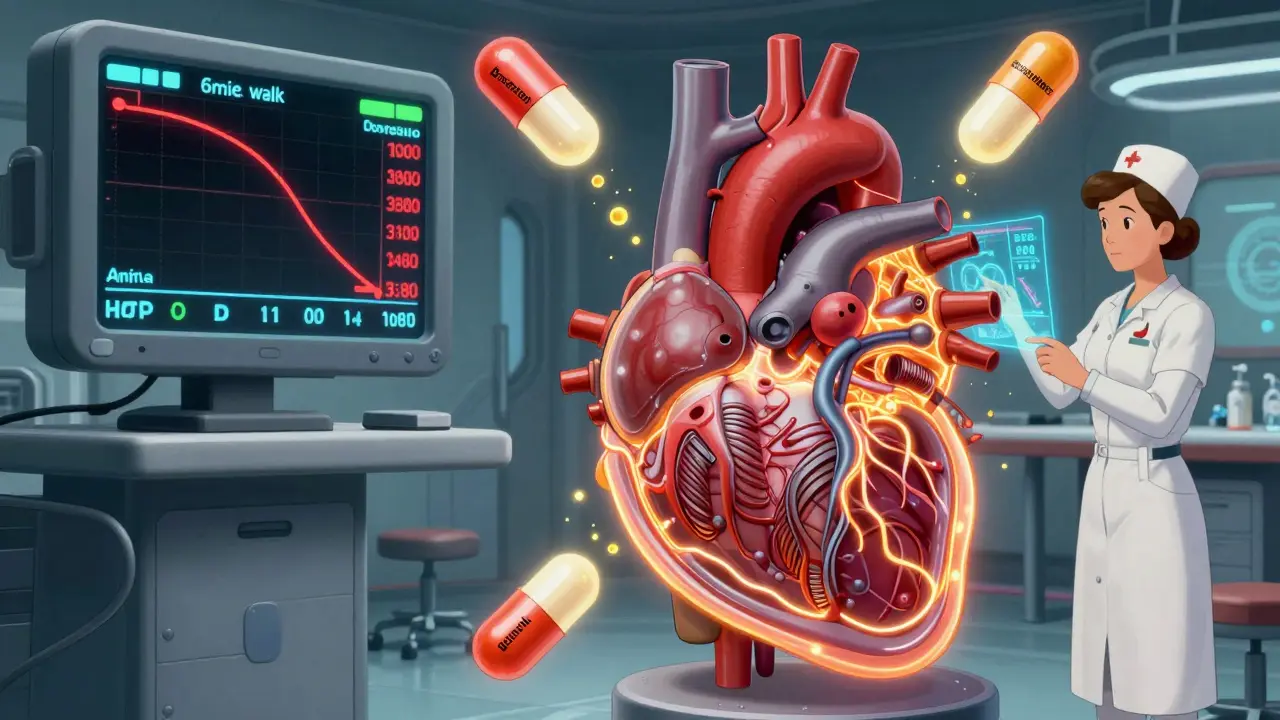 A right ventricle depicted as a strained engine, with drug capsules dissolving into light around it.