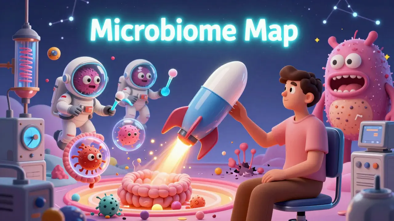 A rocket-shaped probiotic capsule neutralizing toxic gut enzymes in a colorful intestinal landscape.