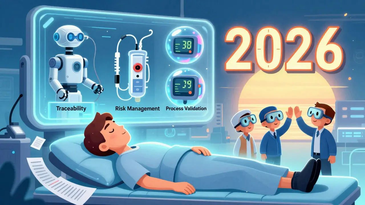 A sleeping patient is protected by shimmering safety bubbles as digital compliance streams replace paper records.