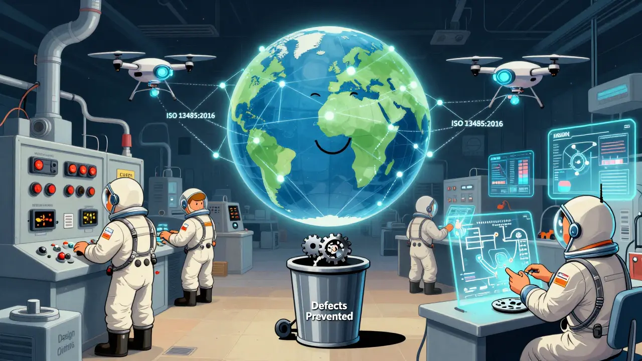 A split factory scene shows analog workers and AI drones inspecting devices under a global ISO 13485:2016 network.