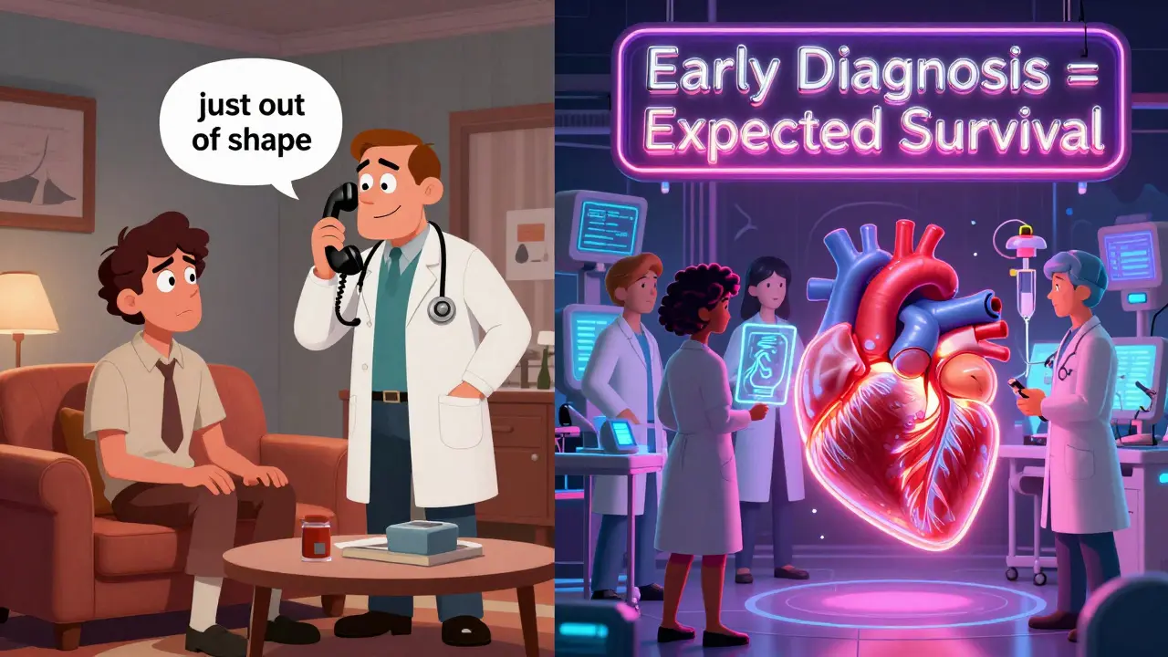 A split scene contrasting misdiagnosis with modern pulmonary hypertension care in a retro-futuristic setting.