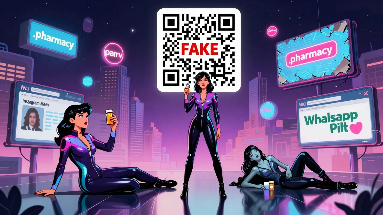 A woman sees her healthy and ill reflections while a QR code glows red with 'FAKE' warning, in retro-futuristic style.