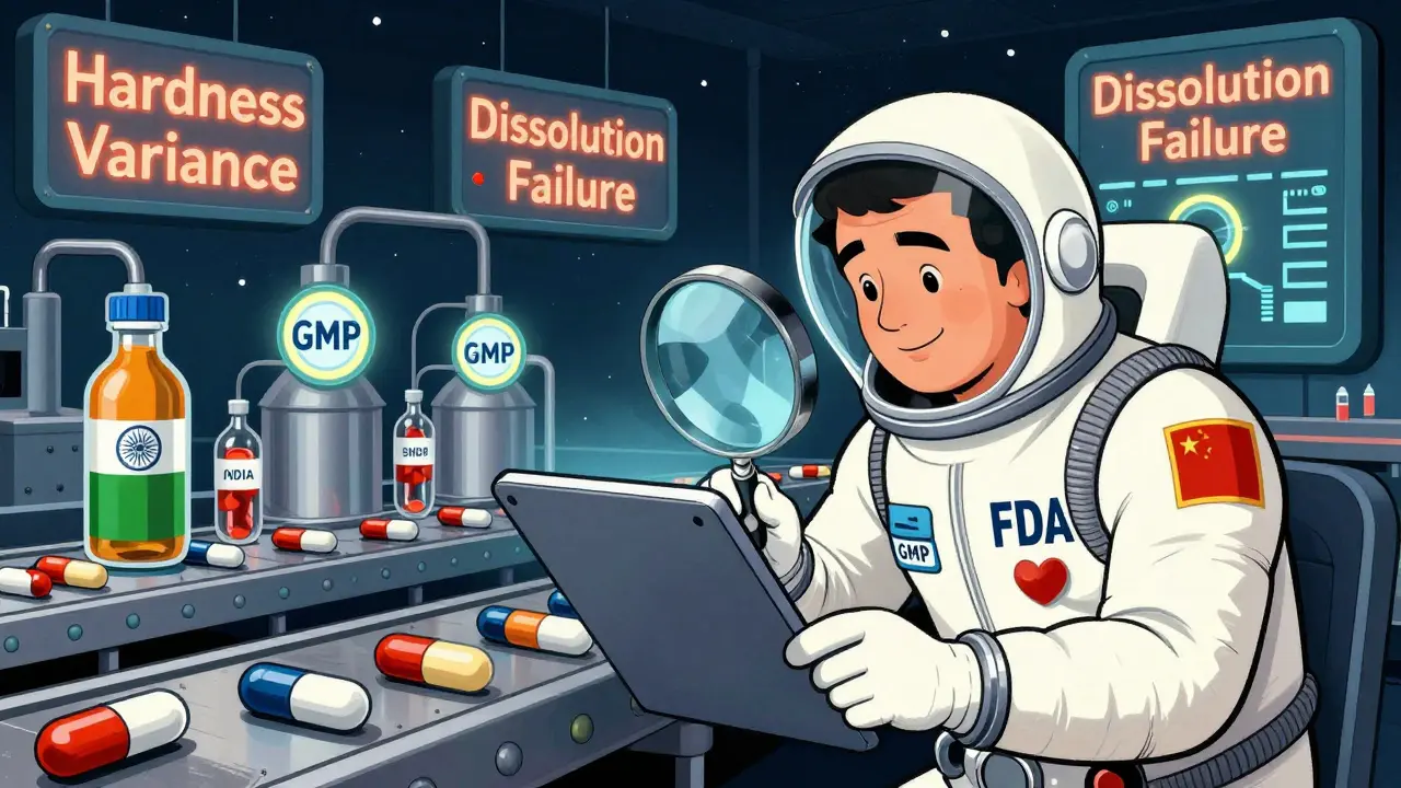 An FDA inspector in a retro space suit checks pills from global factories with warning lights on a dashboard.