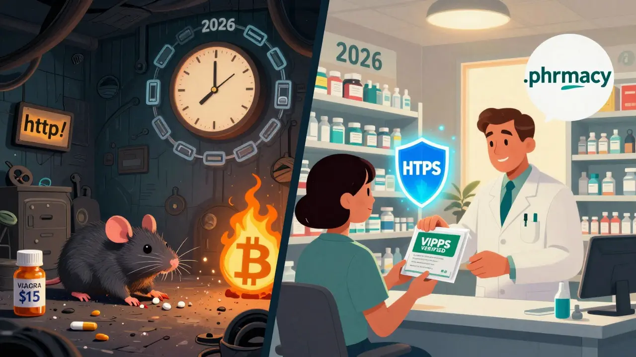Contrasting scene: chaotic counterfeit drug den vs. clean VIPPS-verified pharmacy in retro-futuristic cartoon style.