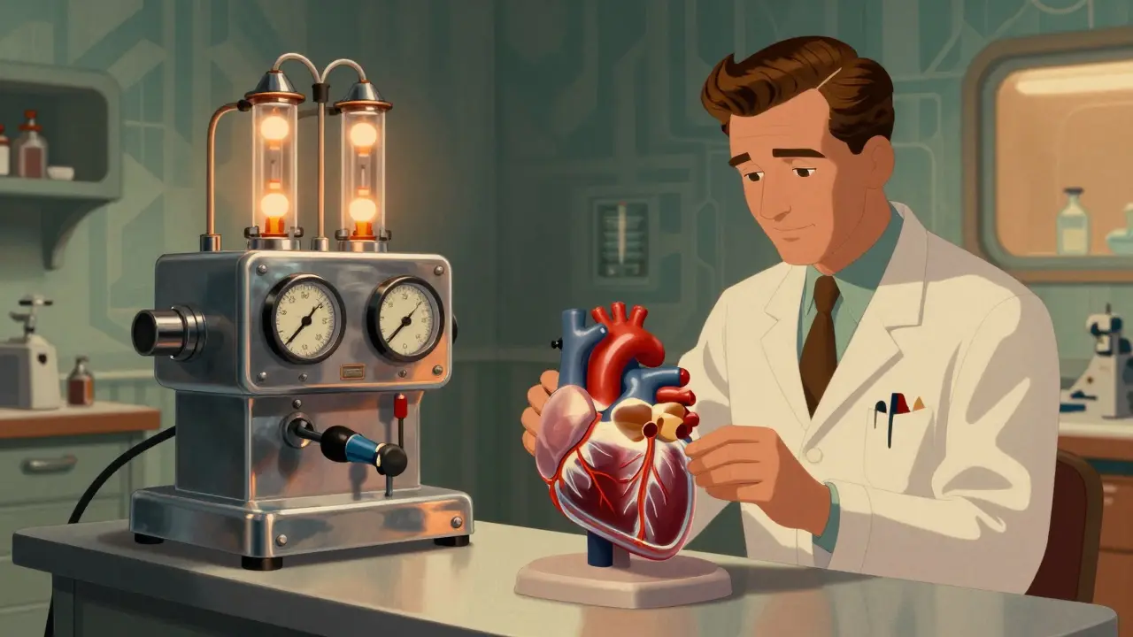 Doctor using chrome-plated device for right heart catheterization on transparent heart model