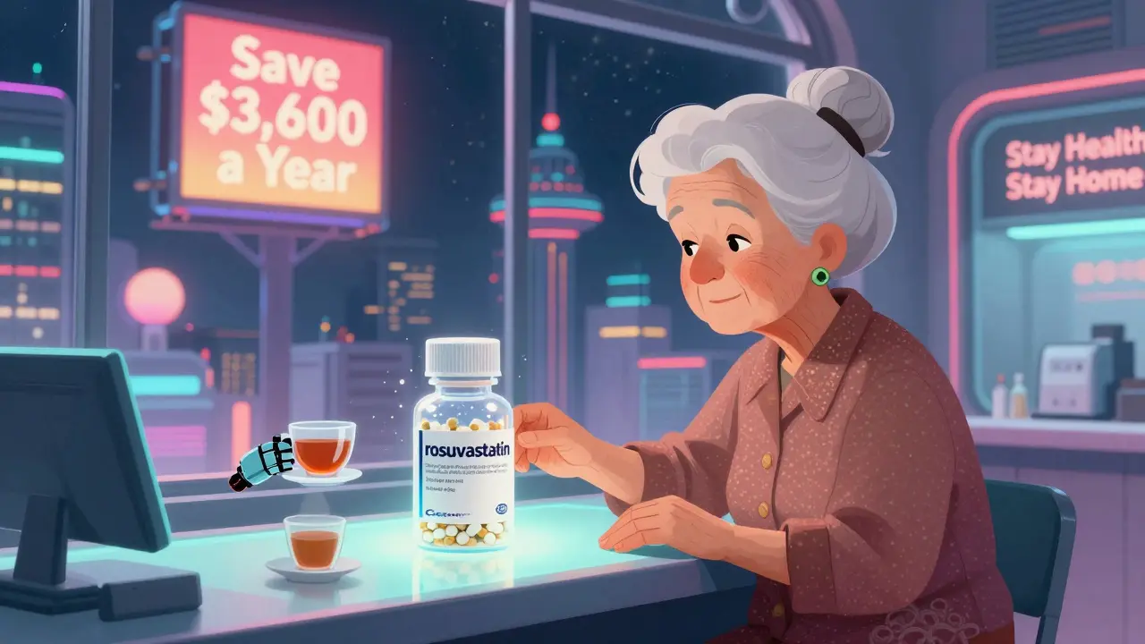 Elderly woman receiving generic medication as brand-name version fades away, with cityscape showing cost savings.