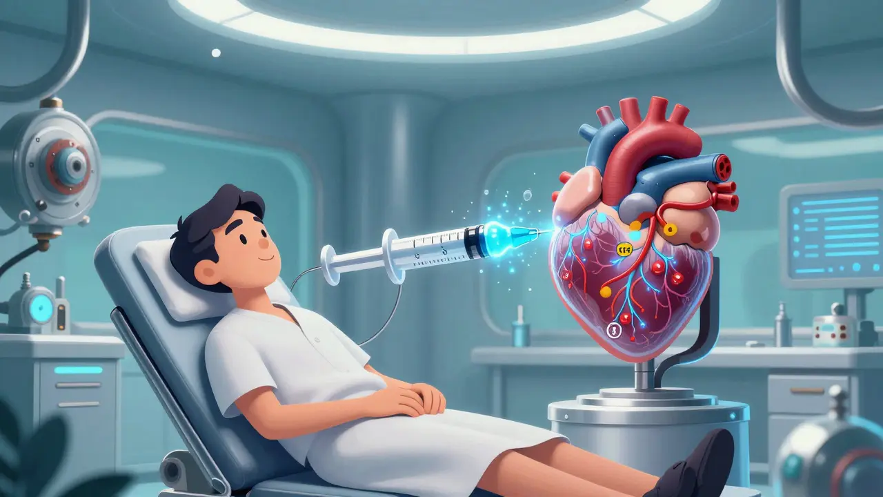 Patient receiving glowing blue sotatercept treatment targeting mechanical heart model in clinic