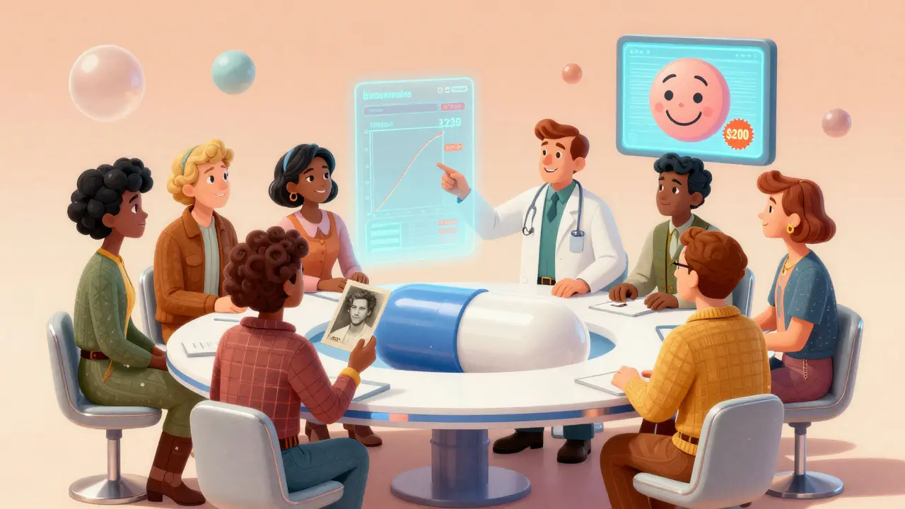 Patients gathered around a holographic chart explaining generic drug savings in a retro-futuristic setting.