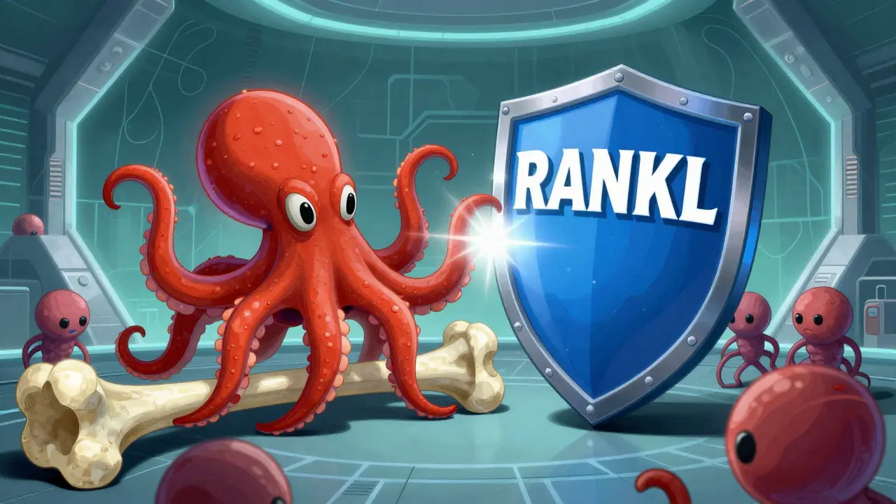 RANKL molecule attacking bone structure blocked by denosumab shield while osteoblasts rebuild.