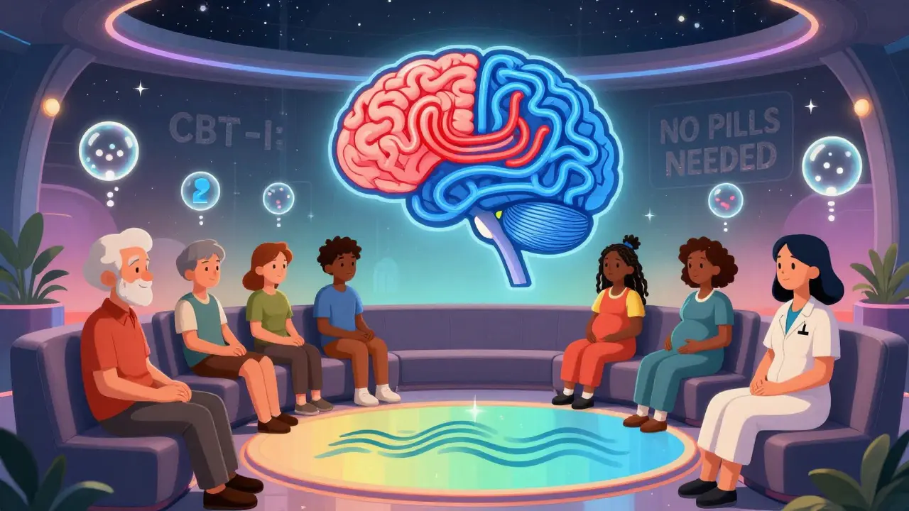 A diverse group relaxes in a glowing lounge as a brain animation shows anxiety transforming into calm sleep pathways.