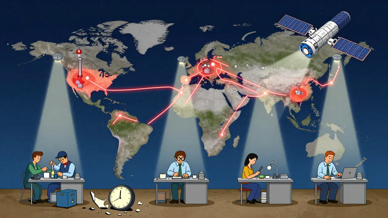 A global map shows unannounced FDA inspections targeting factories worldwide under a satellite's beam.